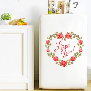 Pink rose heart wreath wall sticker with Love You text on a white refrigerator surface