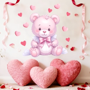 Cute pink teddy bear wall sticker with hearts for kids room decoration cartoon decal