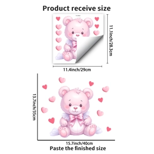 Pink bear wall sticker size guide showing packaging and applied dimensions on white wall