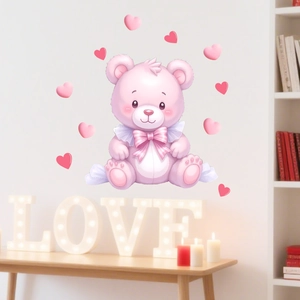 Pink cartoon bear wall sticker with hearts for kids bedroom decor and nursery wall art