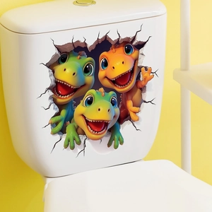 3D Cartoon Dinosaurier Wandaufkleber mit Risseffekt auf einer weißen Toilette