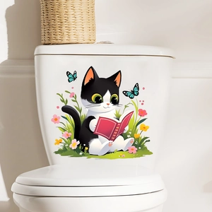 Cute Cartoon Cat Reading Book Toilet Sticker Waterproof PVC Wall Decal For Bathroom Living Room Home Decoration