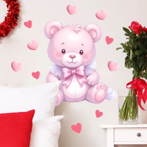 Pink cartoon bear wall stickers with hearts for children's bedroom wall decor