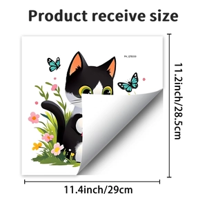 Detailed dimensions of cat and flower wall sticker measuring 11.2 by 11.4 inches