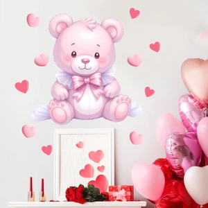 Pink watercolor teddy bear wall decal with heart stickers for kids bedroom decor