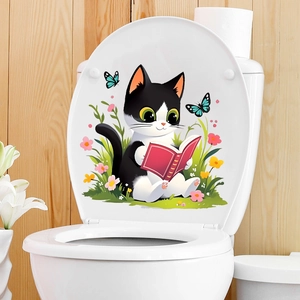 Cute cartoon cat reading book wall sticker for bathroom toilet cover decoration