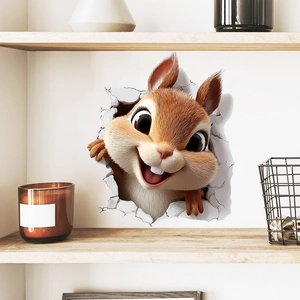 Sticker mural 3D écureuil sortant d'un mur cassé pour décoration chambre d'enfant