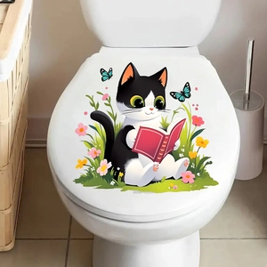 Cartoon cute cat reading a book waterproof PVC wall decal for toilet lid decoration