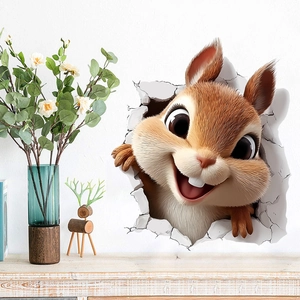 Sticker mural écureuil 3D avec effet trou dans le mur pour décoration de salon