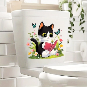Cute cartoon cat reading book with flowers and butterflies wall decal on toilet tank