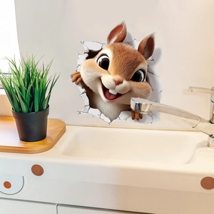 Sticker mural 3D écureuil pour chambre d'enfant avec effet de mur fissuré réaliste