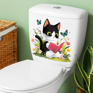 Cute cartoon cat reading a book with butterfly and flower wall decals for toilet decor