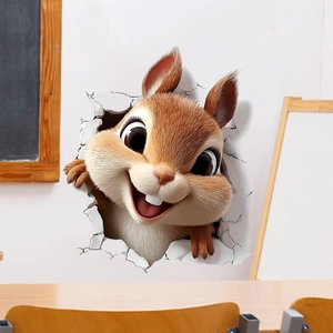 Sticker mural écureuil 3D effet trou pour chambre d'enfant, décor animalier marron