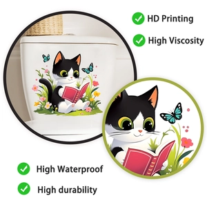 Detail view of cartoon cat reading book decal with waterproof HD printing and butterflies