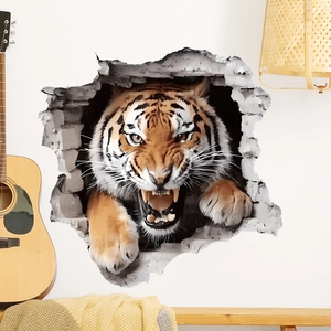 Realistic 3D broken wall tiger sticker for home decoration in children bedroom
