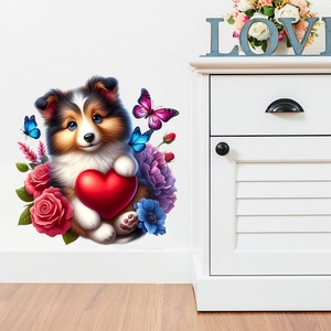 Cute Cartoon Puppy Dog Holding Heart Flowers Butterflies Wall Sticker PVC Waterproof Self Adhesive Home Mural Decal