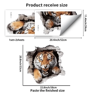 Size guide for 3D tiger wall decal showing product receive and finished paste dimensions