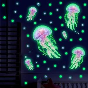 Luminous jellyfish wall stickers with glowing green fluorescent dots for kids room decor