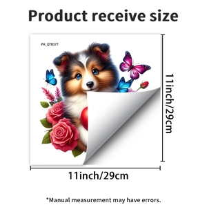Adhesive wall sticker showing a cute puppy with roses and butterflies, 29cm square size