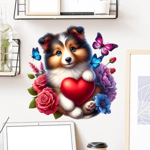 Cute cartoon puppy wall decal with red heart and blooming flowers for room decoration