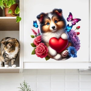 Cute cartoon puppy wall decal with red heart and flowers for cozy bedroom decoration