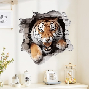 3D realistic breaking wall tiger mural for home decor and kids bedroom wall art sticker