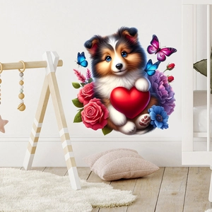 Cute puppy with heart wall sticker for nursery decor featuring floral elements