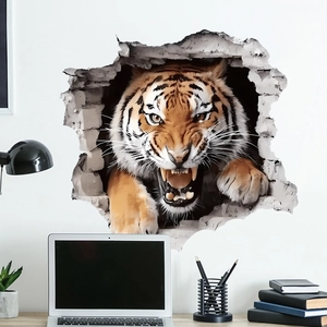 3D broken wall tiger sticker with realistic visual effect for home wall decoration