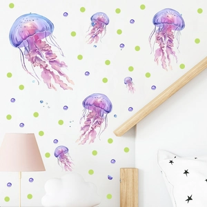 Macro detail of watercolor jellyfish wall decals with bubbles in a cozy nursery bedroom