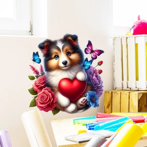 Cute Sheltie puppy wall sticker with red heart and colorful flowers for bedroom decor