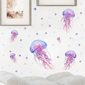 Luminous watercolor jellyfish wall stickers with glowing bubbles on white wall décor