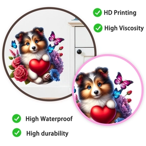 Detail of cute puppy wall sticker with floral pattern showing HD printing and high viscosity