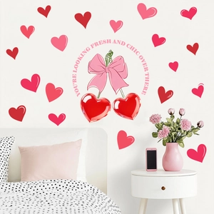 Sweet Pink Heart Bow PVC Wall Stickers Romantic Heart Cherry Wall Decal For Living Room Bedroom Home Decoration DIY Art Mural