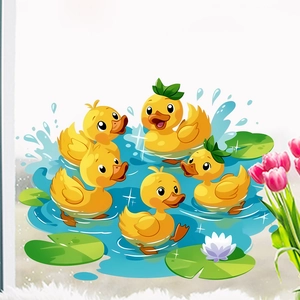 Cartoon Little Yellow Duck Pond Play Window Sticker Static Cling PVC Glass Decal For Bedroom Living Room Home Decoration