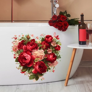 Sticker Mural Cœur de Rose Saint Valentin PVC Auto-adhésif Décalcomanie Florale Pour Chambre Salle de Bain Baignoire Salon