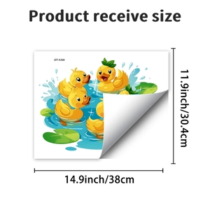 Detail view of cartoon yellow duck glass sticker showing dimensions 14.9 by 11.9 inches