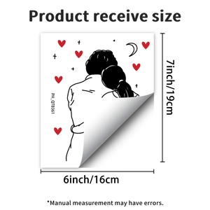 Detail showing cartoon couple hugging wall sticker with 19cm by 16cm size dimensions