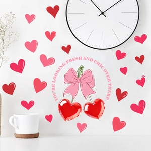 Chic heart cherry wall decals with pink bow for romantic living room home decoration