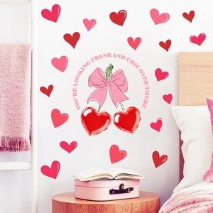 Romantic pink heart and cherry bow wall stickers for a sweet bedroom decor theme