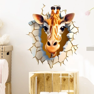 3D realistic giraffe wall sticker breaking through wall for kids bedroom decor