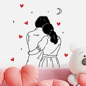 Minimalist couple hug wall sticker with red hearts and moon for bedroom wall decoration