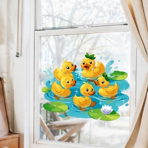 Cartoon yellow duck window stickers for glass decoration with water lily and lotus scenes