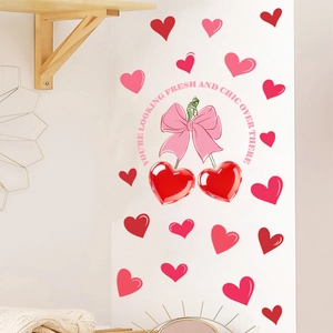 Pink heart and cherry bow wall stickers for a romantic living room wall decoration