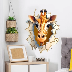 3D realistic giraffe head breaking through white wall PVC decal for home interior decor