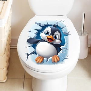 3D cracked ice wall sticker with cute cartoon penguin for bathroom toilet decoration