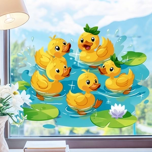 Cartoon yellow ducks playing in pond static window stickers for home glass decoration