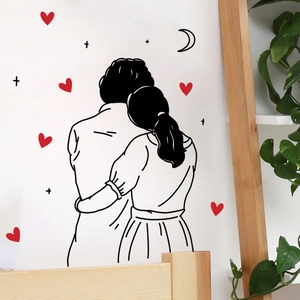 Minimalist wall sticker featuring a cartoon hugging couple with red hearts for home decor