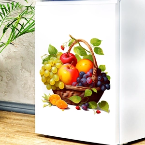 Sticker mural autocollant en PVC avec motif panier de fruits coloré sur un frigo blanc