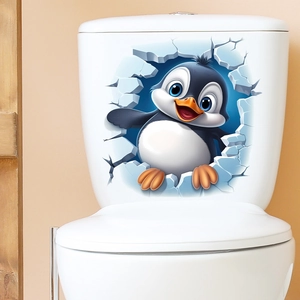 3D cartoon penguin breaking through wall sticker for bathroom and toilet home decoration