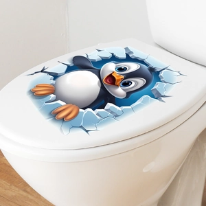 3D cute penguin breaking ice waterproof self-adhesive toilet lid sticker for bathroom decor